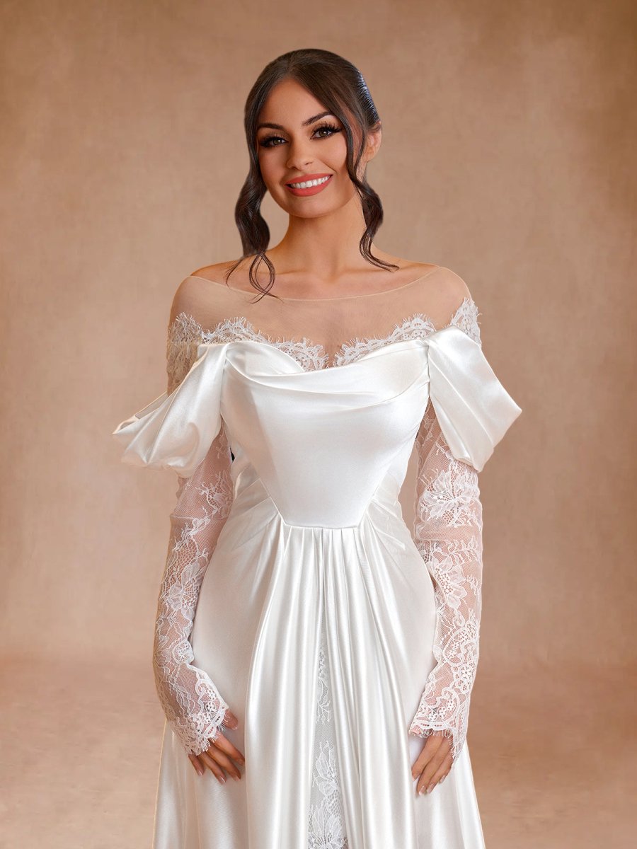 Mermaid Off - the - Shoulder Satin Lace Wedding Dress - KissProm