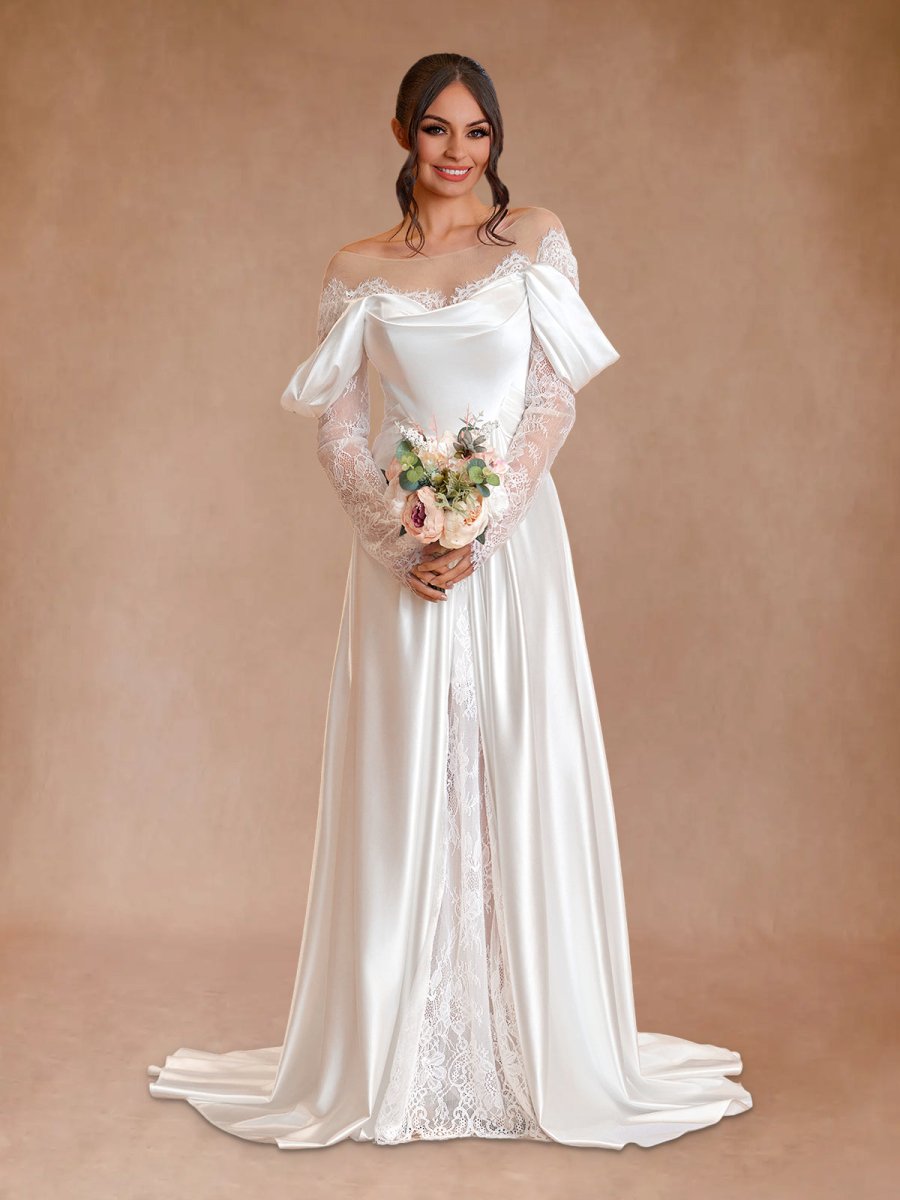 Mermaid Off - the - Shoulder Satin Lace Wedding Dress - KissProm