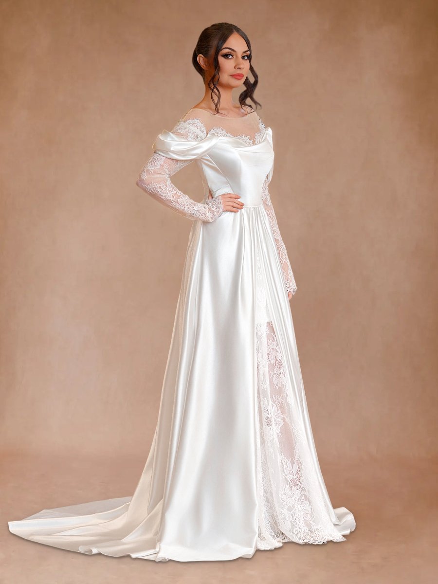 Mermaid Off - the - Shoulder Satin Lace Wedding Dress - KissProm