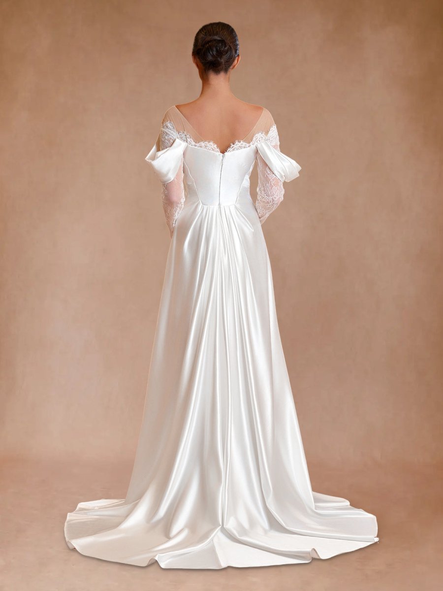 Mermaid Off - the - Shoulder Satin Lace Wedding Dress - KissProm