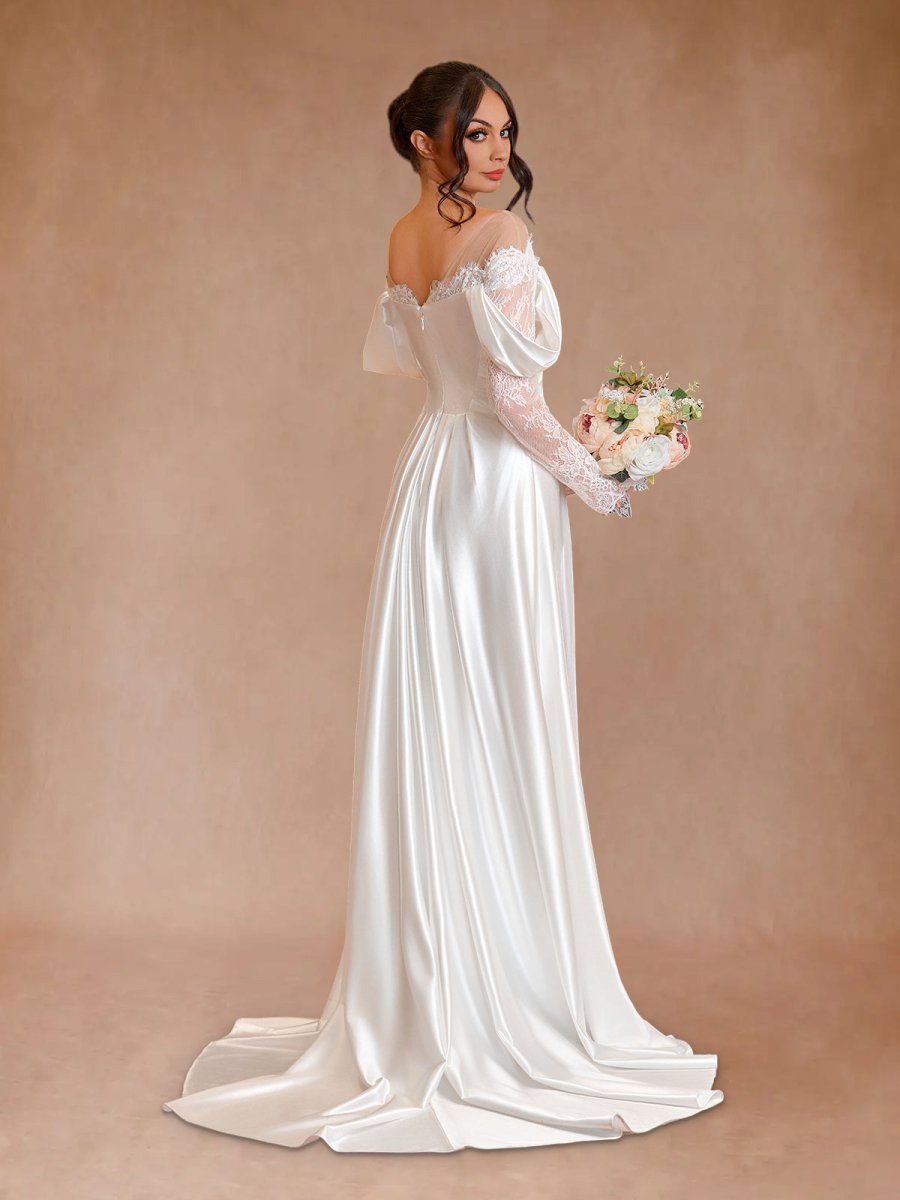 Mermaid Off - the - Shoulder Satin Lace Wedding Dress - KissProm