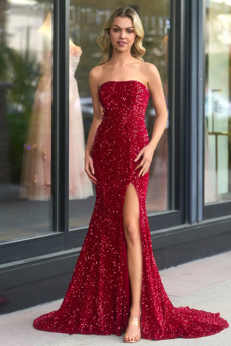 Dahlia |Mermaid Strapless Sequins Long Prom Dress with Slit - KissProm