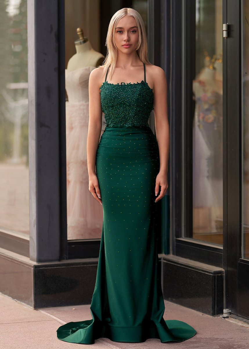 Jimena | Mermaid Spaghetti Straps Dark Green Long Prom Dress with Appliques - KissProm