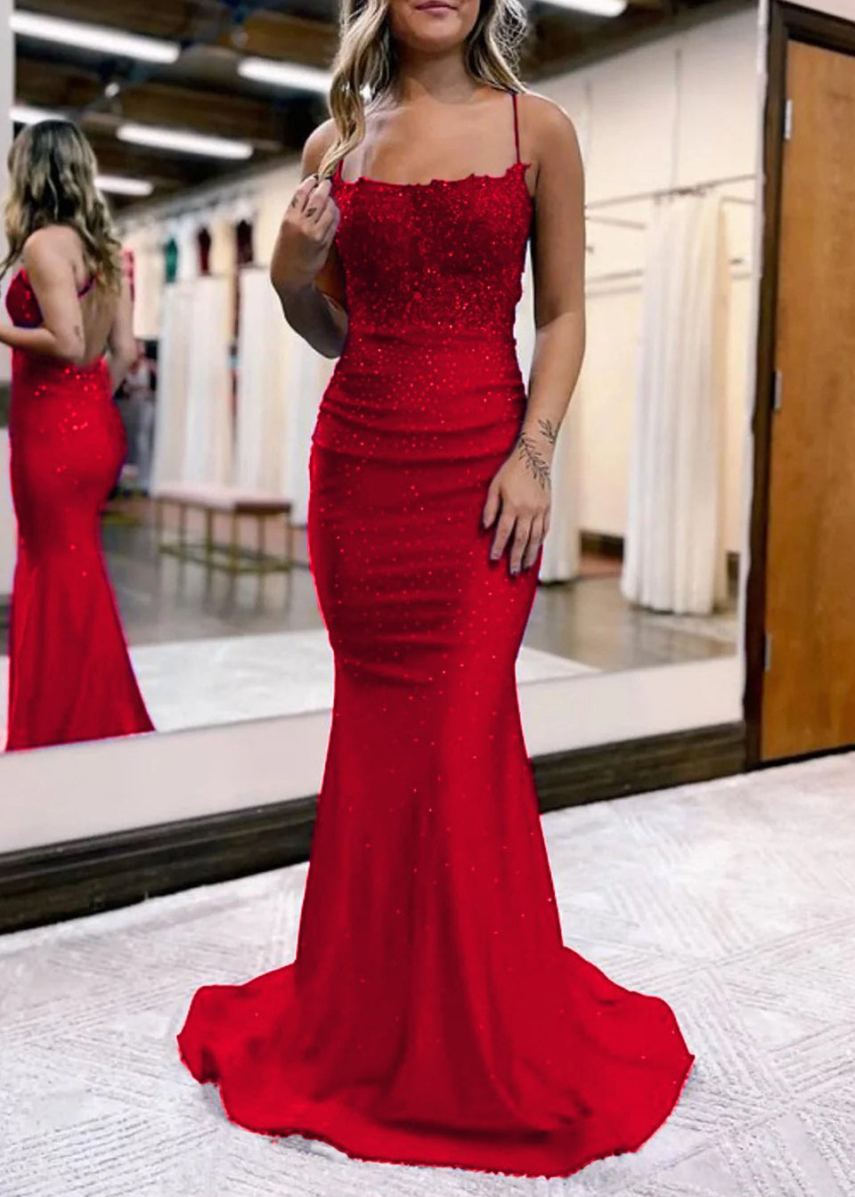 KissProm Mermaid Spaghetti Straps Long Prom Dress with Appliques | The spaghetti straps draw the eye in and give a subtle sensuality to your look. And with beautiful appliques adorning the dress.