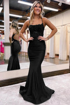 KissProm Mermaid Spaghetti Straps Long Prom Dress with Appliques | The spaghetti straps draw the eye in and give a subtle sensuality to your look. And with beautiful appliques adorning the dress.