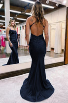 KissProm Mermaid Spaghetti Straps Long Prom Dress with Appliques | The spaghetti straps draw the eye in and give a subtle sensuality to your look. And with beautiful appliques adorning the dress.