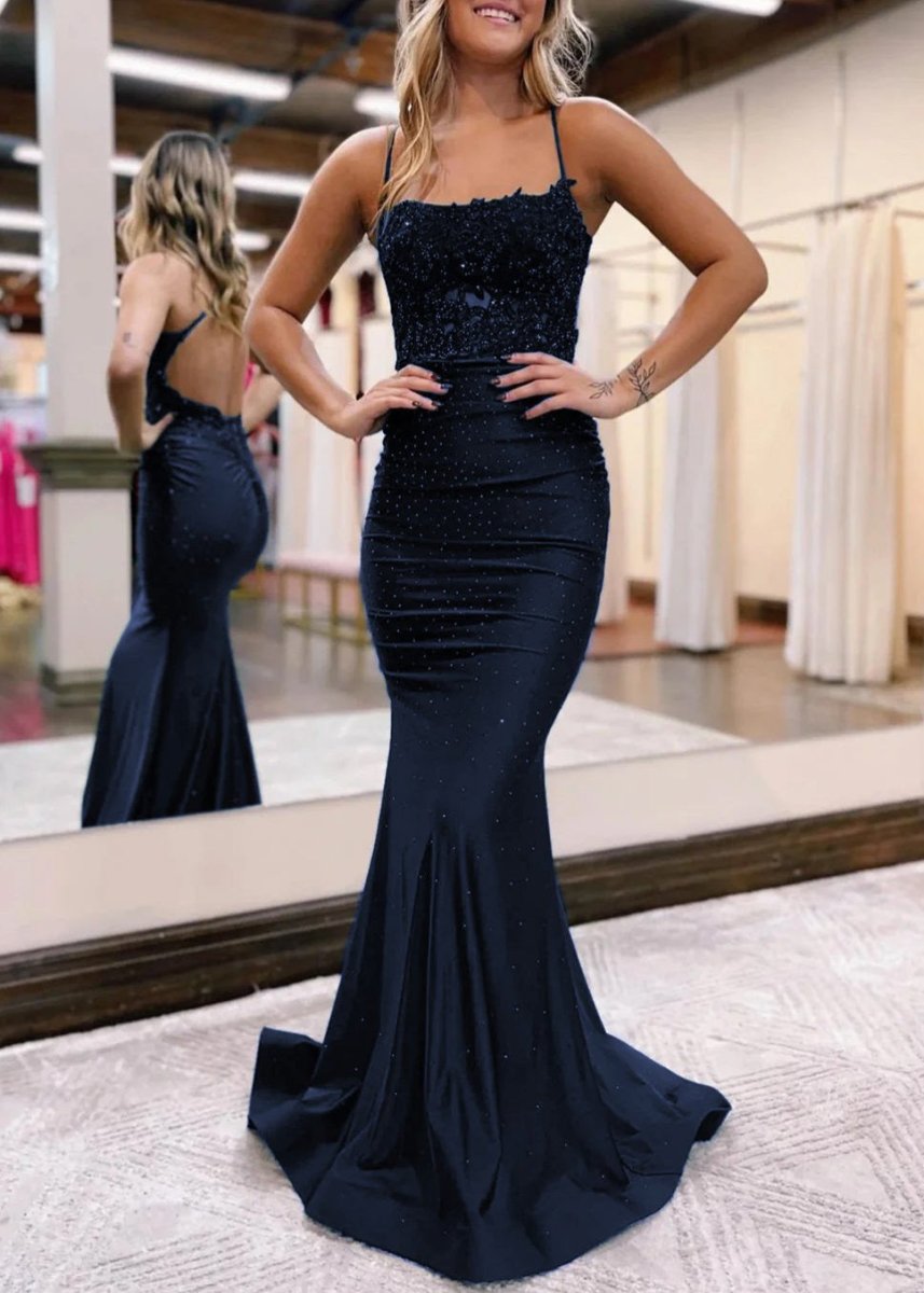 Jimena | Mermaid Spaghetti Straps Dark Green Long Prom Dress with Appliques - KissProm