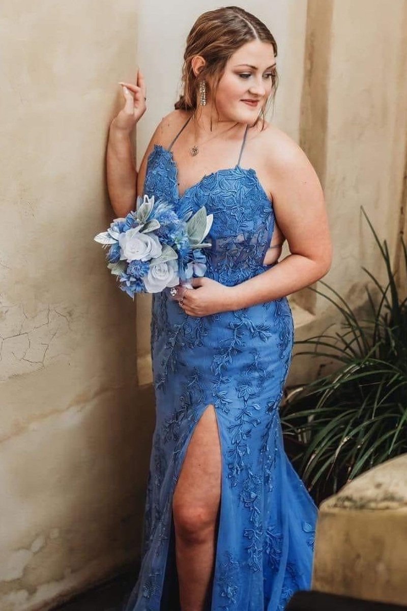 Mermaid Straps Royal Blue Slit Long Prom Dress with Appliques - KissProm