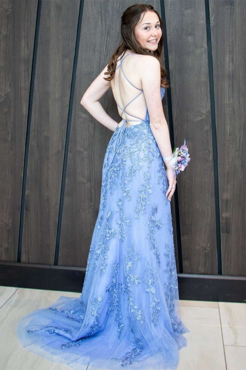 Mermaid Straps Royal Blue Slit Long Prom Dress with Appliques - KissProm