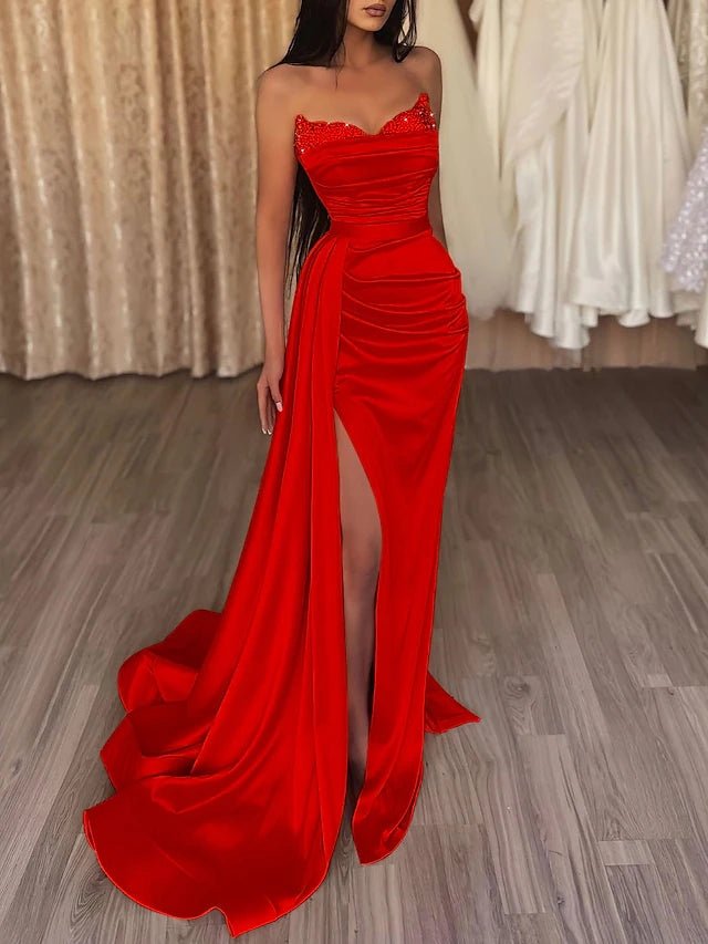 Sasha | Mermaid Evening Gown Sexy Dress Prom Court Train Sleeveless Strapless Satin with Slit Pure Color