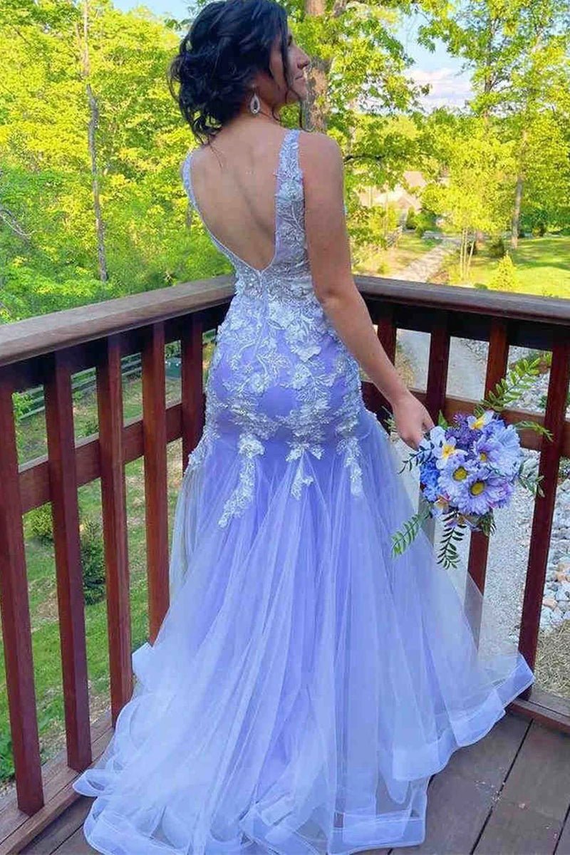 Kelsey | Mermaid Prom Dresses Floral Dress Formal Sweep Train Sleeveless V Neck Tulle with Ruffles Appliques - KissProm