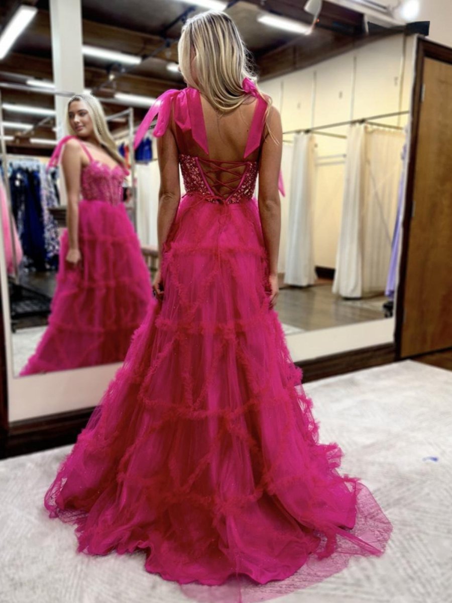 Michaella | Fuchsia A Line Sweetheart Tiered Tulle Long Prom Dresses - KissProm