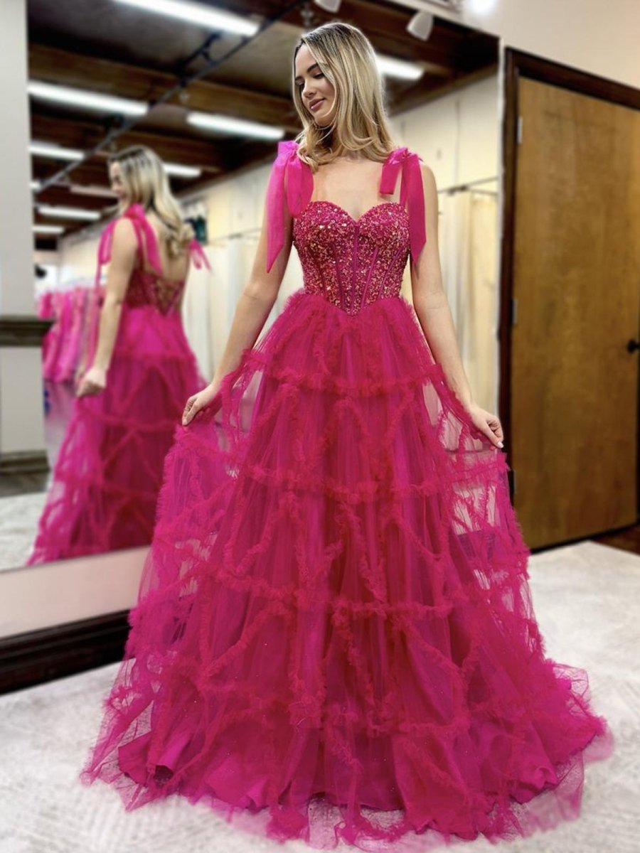 Michaella | Fuchsia A Line Sweetheart Tiered Tulle Long Prom Dresses - KissProm