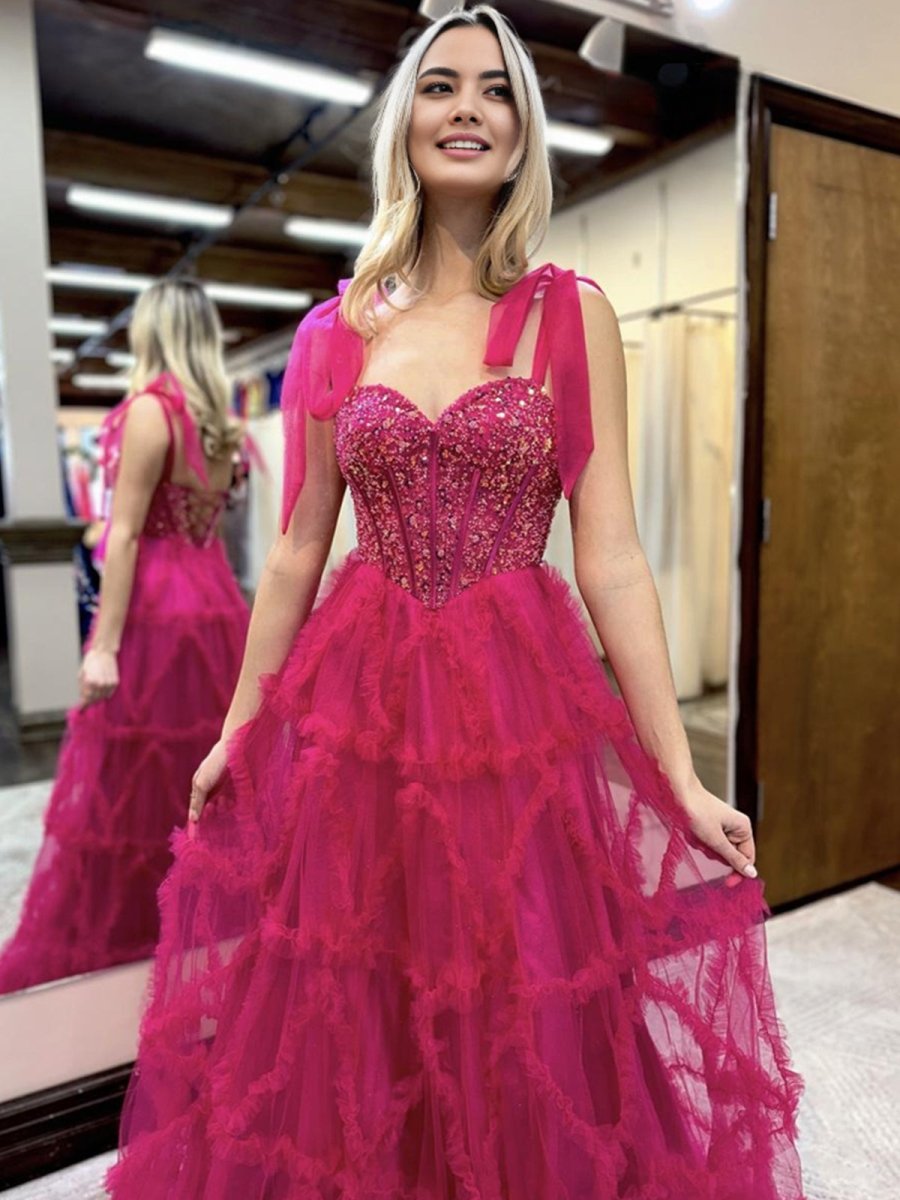 Michaella | Fuchsia A Line Sweetheart Tiered Tulle Long Prom Dresses - KissProm