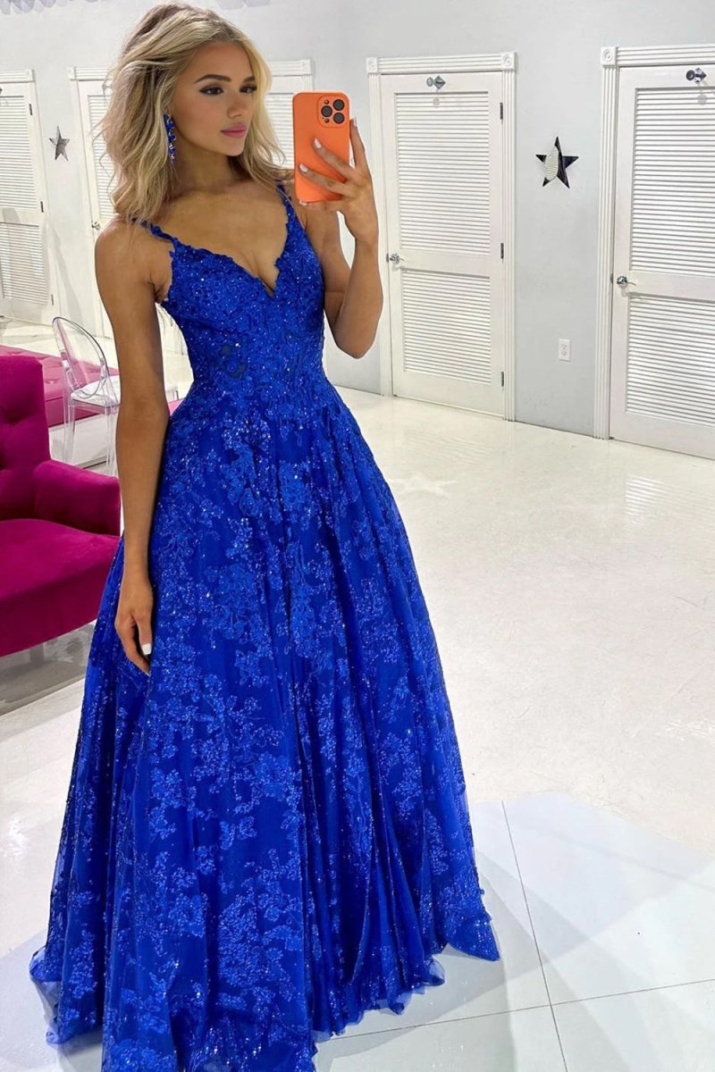 Mikaela | Royal Blue Sequin Lace V - Neck A - Line Long Prom Dress - KissProm