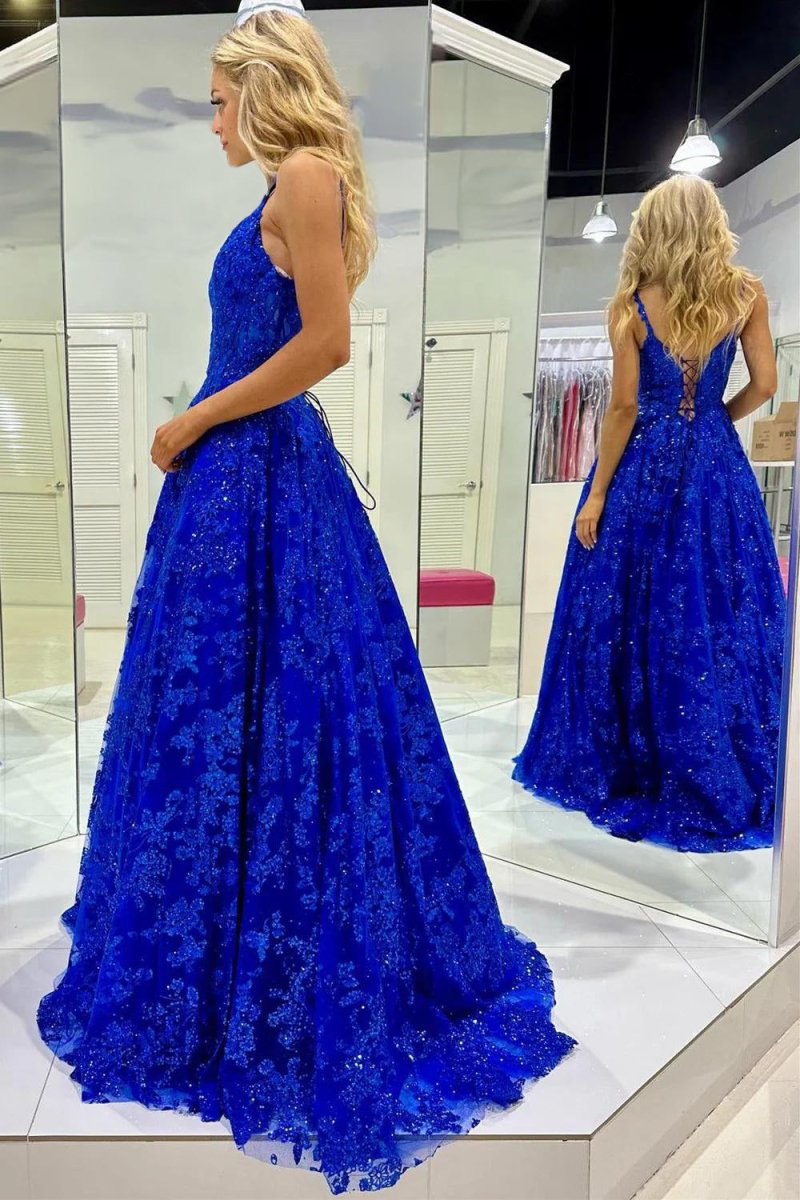 Mikaela | Royal Blue Sequin Lace V - Neck A - Line Long Prom Dress - KissProm