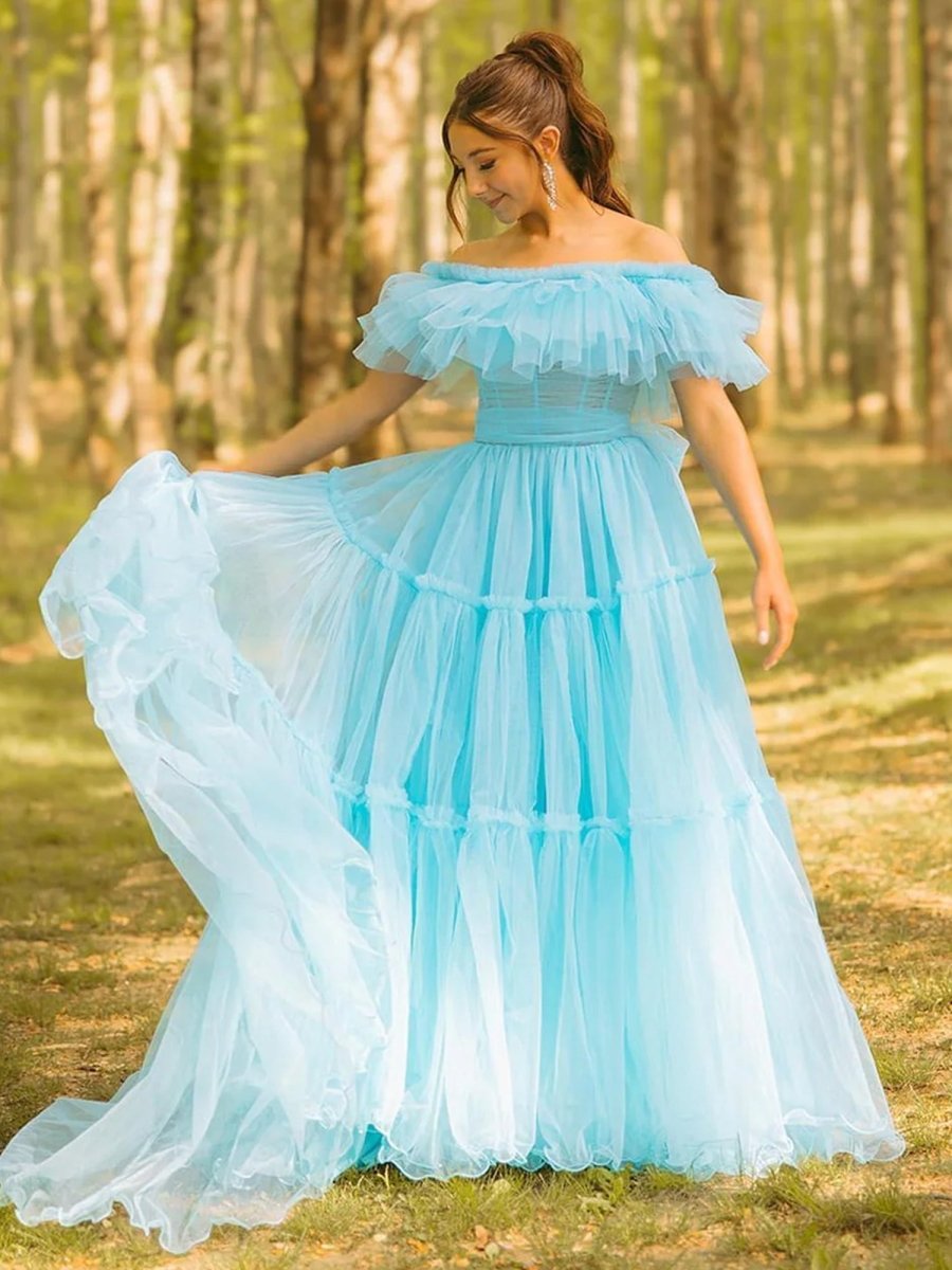 Mikelle | Ruffles Off the Shoulder Corset A - line Long Formal Dress - KissProm