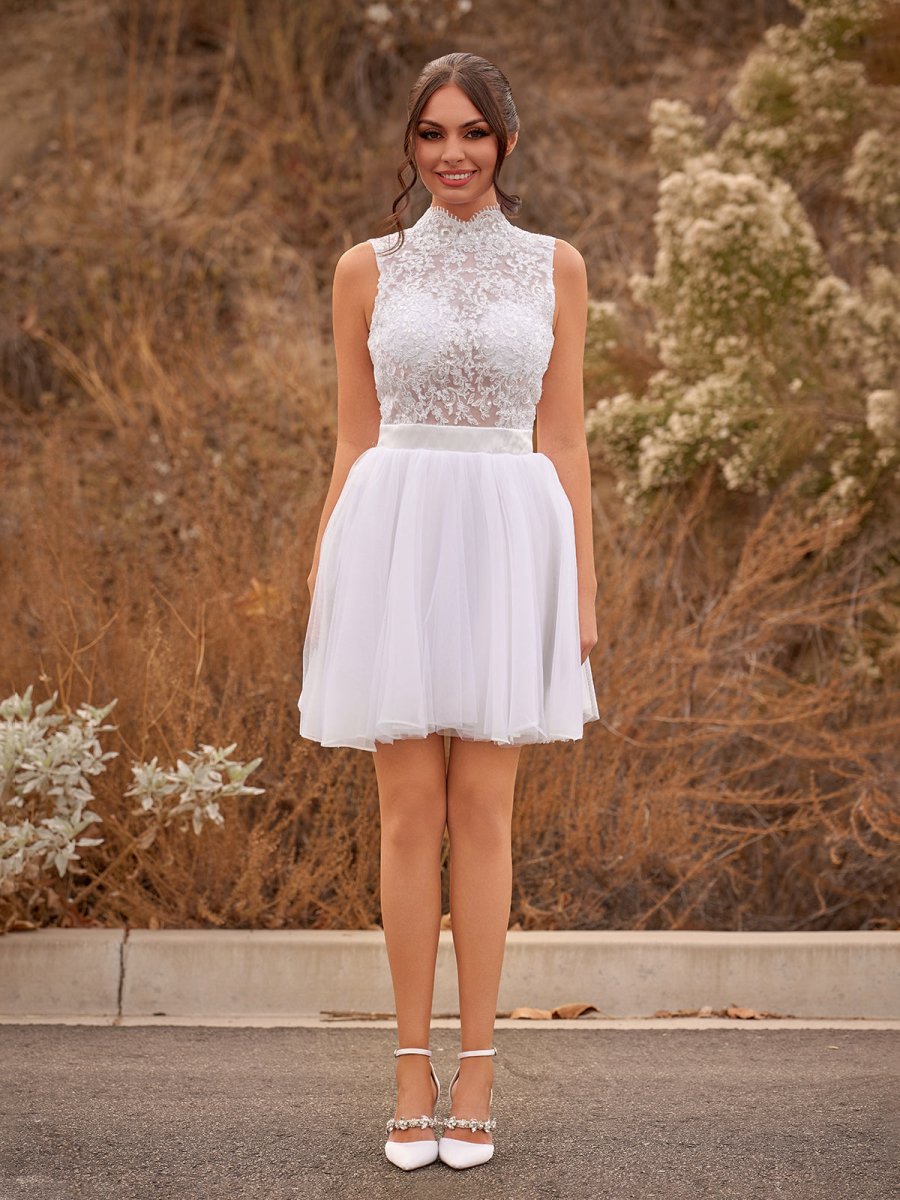 Mini Knee - Length Tulle Lace Dress With Beading Keyhole Back - KissProm