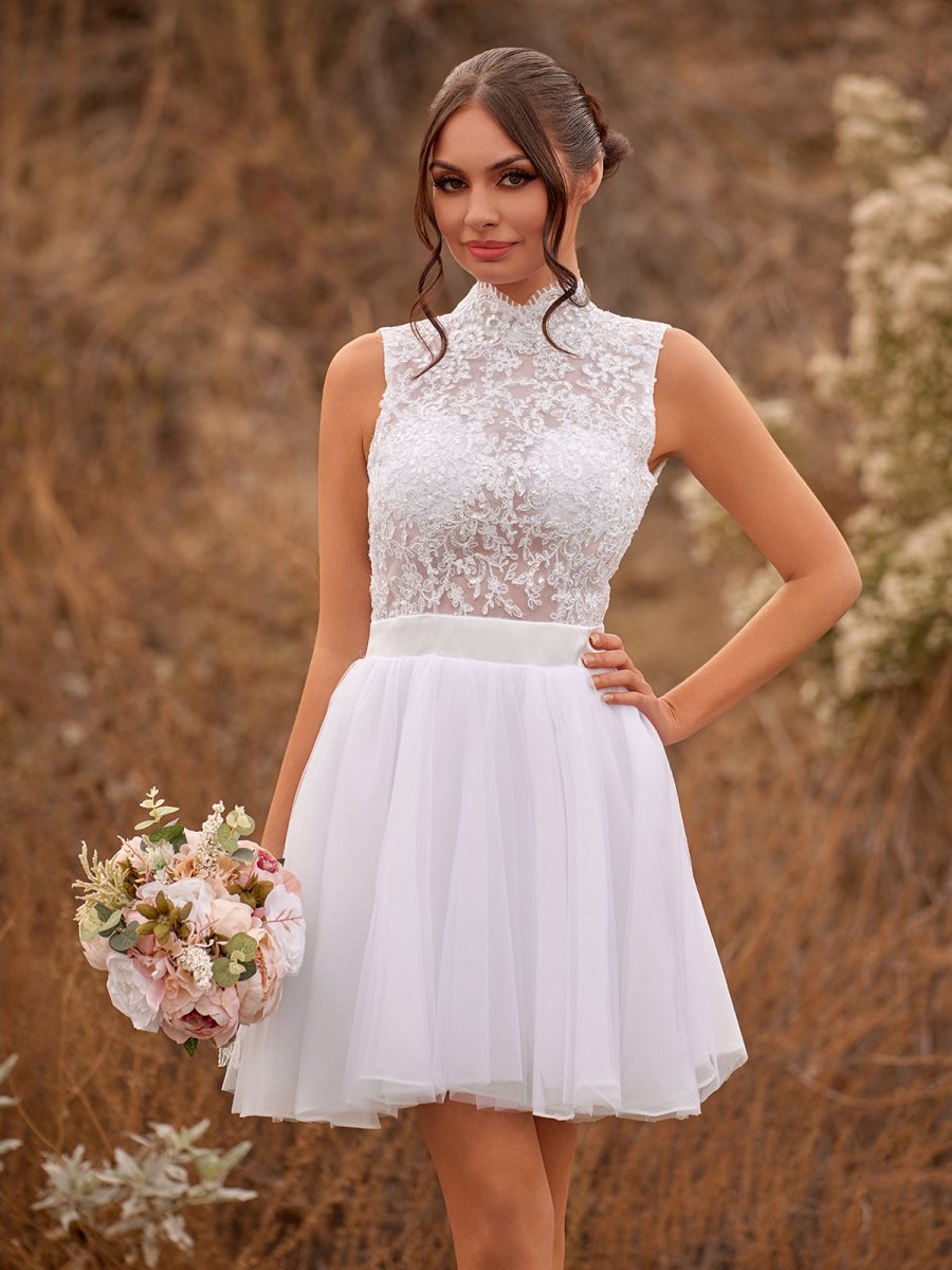 Mini Knee - Length Tulle Lace Dress With Beading Keyhole Back - KissProm