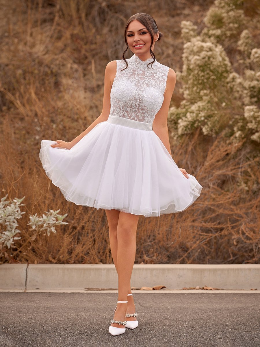 Mini Knee - Length Tulle Lace Dress With Beading Keyhole Back - KissProm