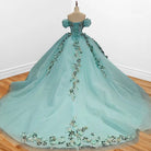 Mint Green Off Shoulder Court Train Quinceañera Dress - KissProm