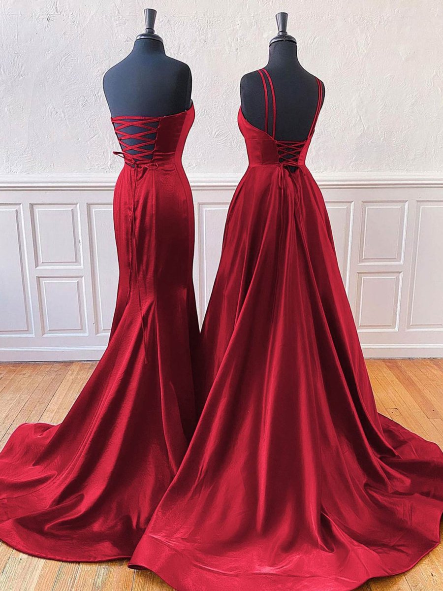 Mirabel | Burgundy Sleeveless Satin Long Prom Dress With Split - KissProm