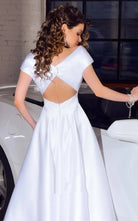 Modern V - neck A Line Satin Tea - length Wedding Dress with Sash - KissProm