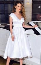 Modern V - neck A Line Satin Tea - length Wedding Dress with Sash - KissProm