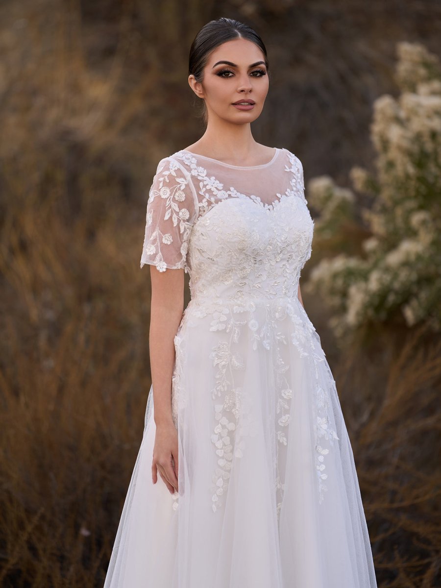 Jayline | Tea Length Sleeves Ethereal Modern A - Line V - Neck Button Back Wedding Dress - KissProm