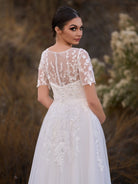 Jayline | Tea Length Sleeves Ethereal Modern A - Line V - Neck Button Back Wedding Dress - KissProm