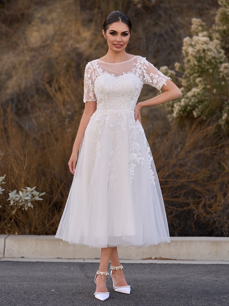 Jayline | Tea Length Sleeves Ethereal Modern A - Line V - Neck Button Back Wedding Dress - KissProm