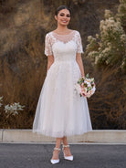 Jayline | Tea Length Sleeves Ethereal Modern A - Line V - Neck Button Back Wedding Dress - KissProm