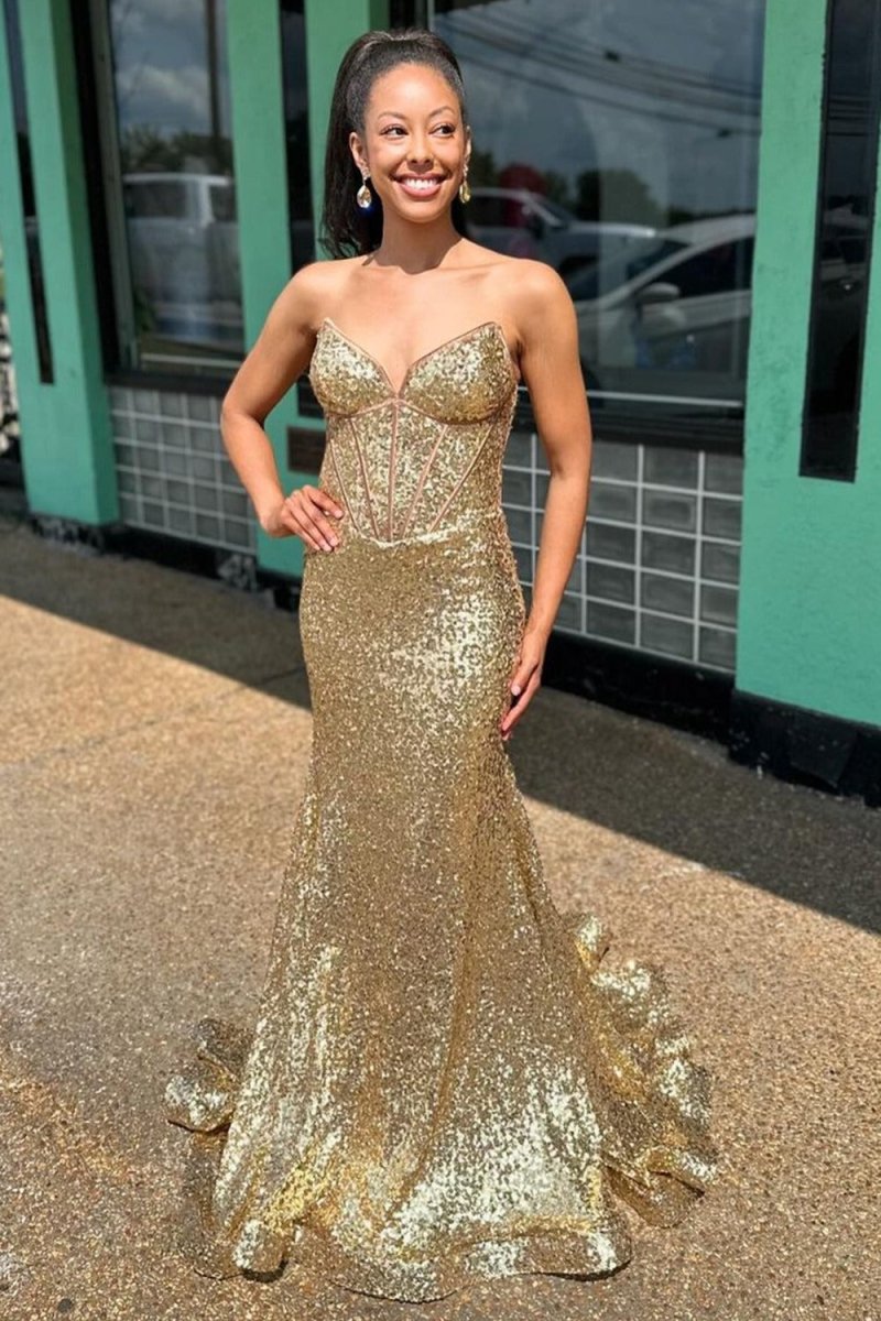 Nadir | Gold Strapless Mermaid Sequins Long Prom Dress - KissProm