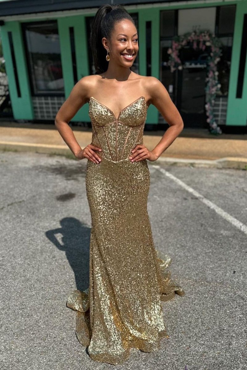 Nadir | Gold Strapless Mermaid Sequins Long Prom Dress - KissProm