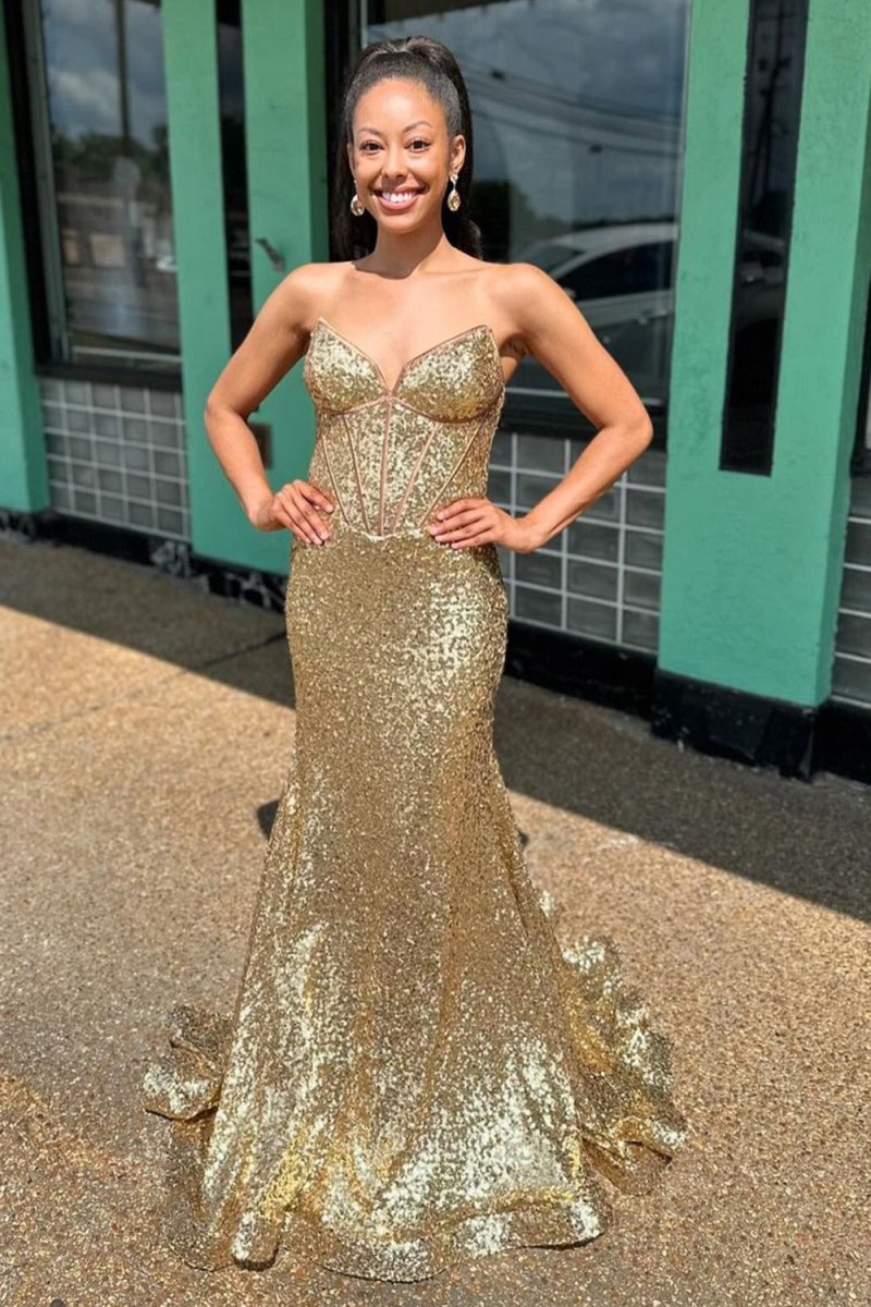 Nadir | Gold Strapless Mermaid Sequins Long Prom Dress - KissProm