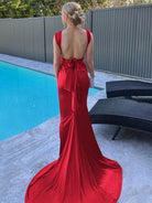 Nanala | Burgundy Mermaid Straps Satin Pleated Long Prom Dress with Train - KissProm