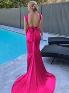 Nanala | Burgundy Mermaid Straps Satin Pleated Long Prom Dress with Train - KissProm