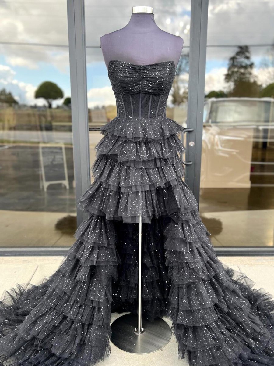 Nanette | Black Strapless High Low Ruffles Tulle Prom Dress - KissProm