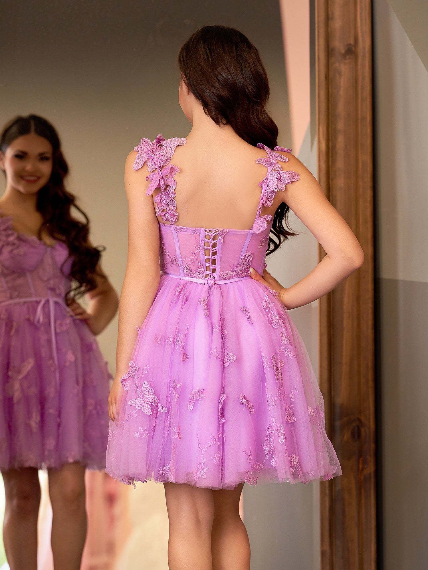 Natalie | A Line Short Tulle Lilac Homecoming Dress with 3D Butterflies