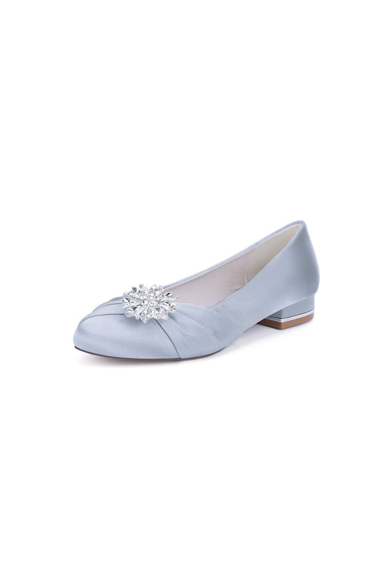 Navy Blue Flat Shoes with Crystal Flower Decoration - KissProm