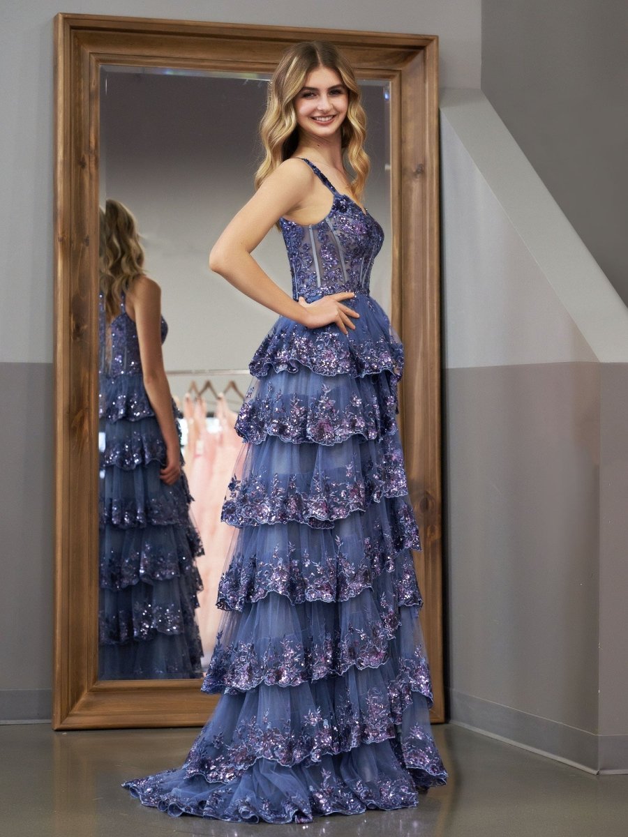 Grey Blue Princess A Line Off the Shoulder Corset Prom Dress with Lace Ruffles - KissProm