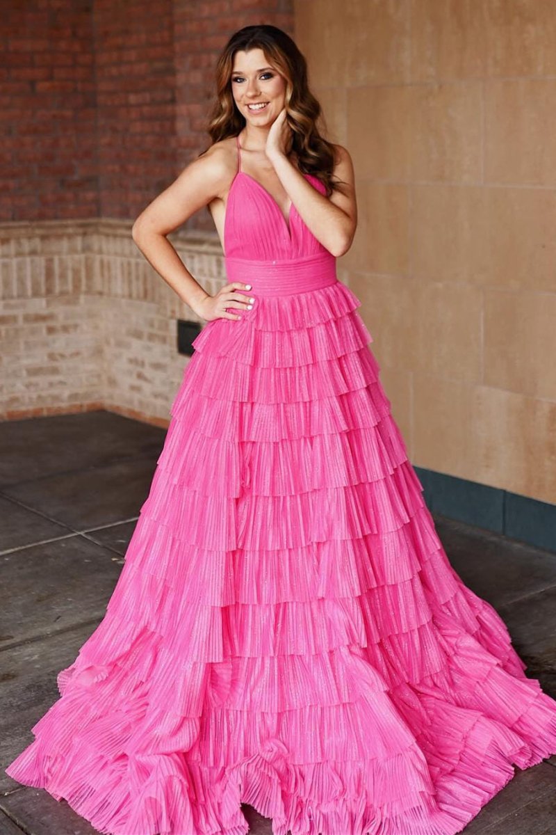 Nebula | Pleated Fuchsia Straps Ruffle Layered Formal Dress - KissProm