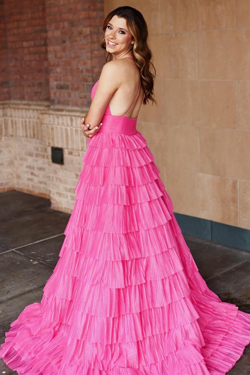 Nebula | Pleated Fuchsia Straps Ruffle Layered Formal Dress - KissProm