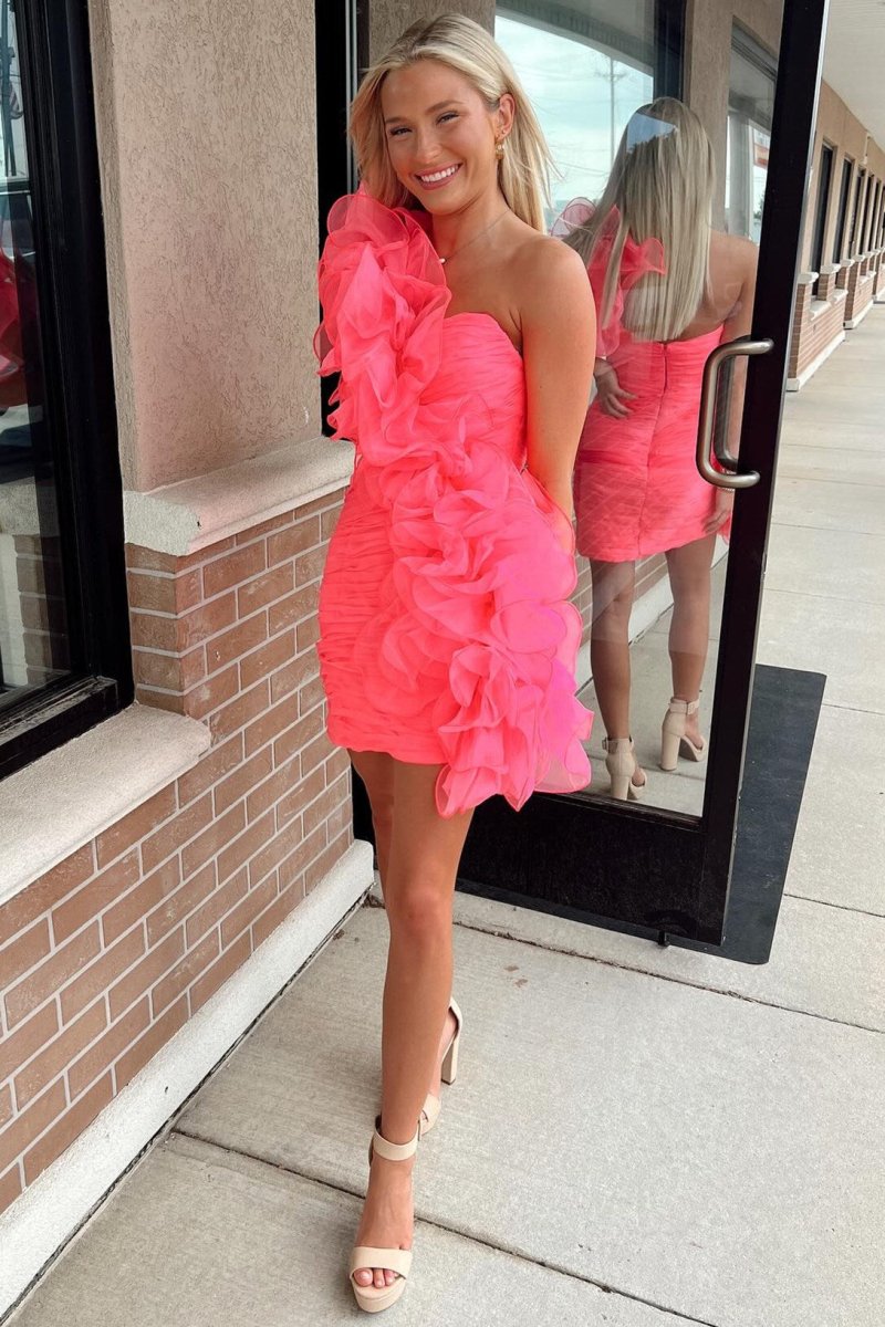 Hot Pink One - Shoulder Ruffle Short Homecoming Dress - KissProm