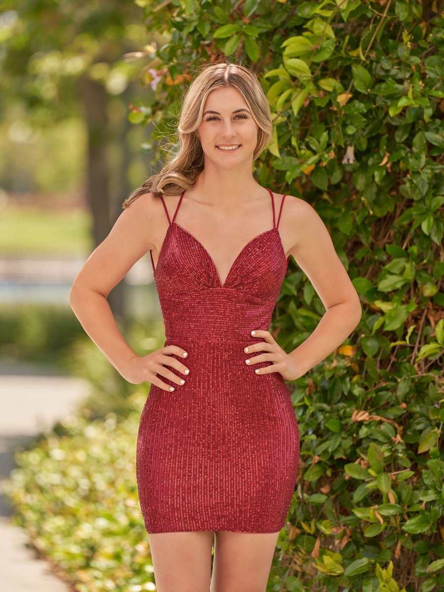 Nigella | Bodycon V Neck Burgundy Sequins Short Homecoming Dress - KissProm