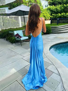 Noel | Blue Spaghetti Straps Mermaid Satin Backless Long Prom Dress - KissProm