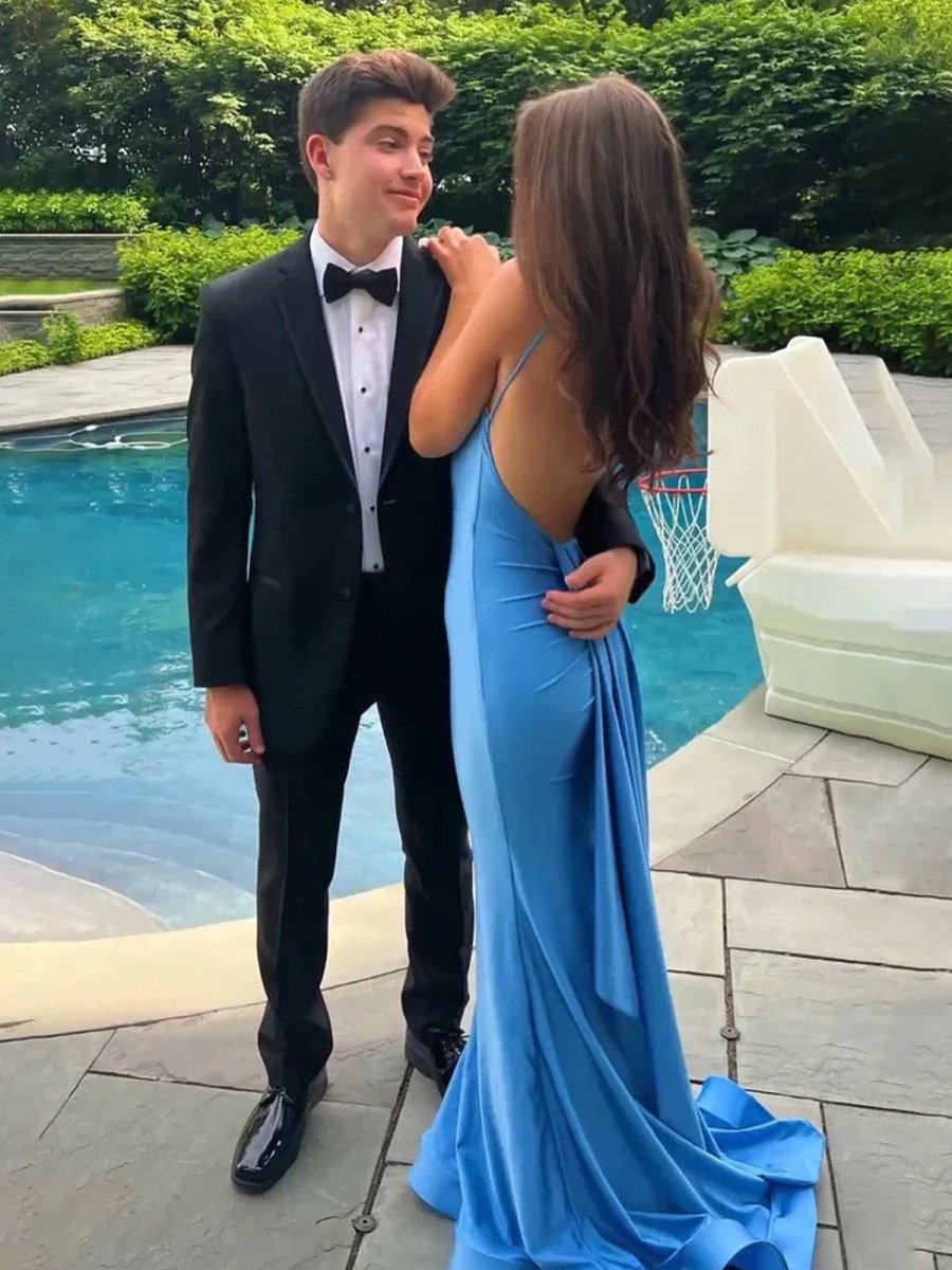 Noel | Blue Spaghetti Straps Mermaid Satin Backless Long Prom Dress - KissProm