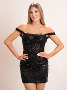 KissProm Beaded Short Off Shoulder Corset Short Homecoming Dress | The Off-the-shoulder & semi-sweetheart neckline adds a touch of romance, and the lace-up back ensures a perfect fit.