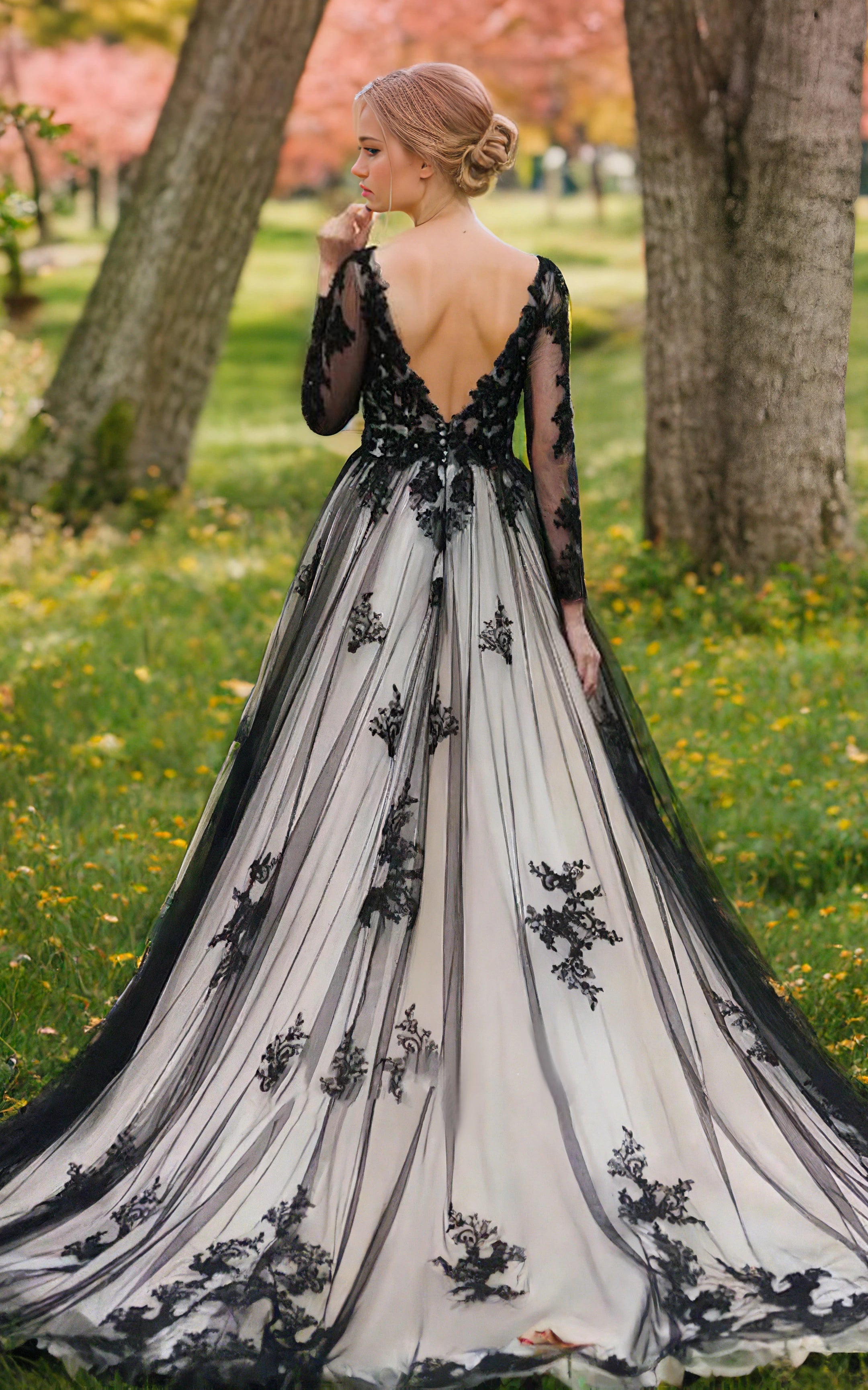 Non-Traditional Gothic Black and White Boho Lace Wedding Dress Flowy F |  KissProm