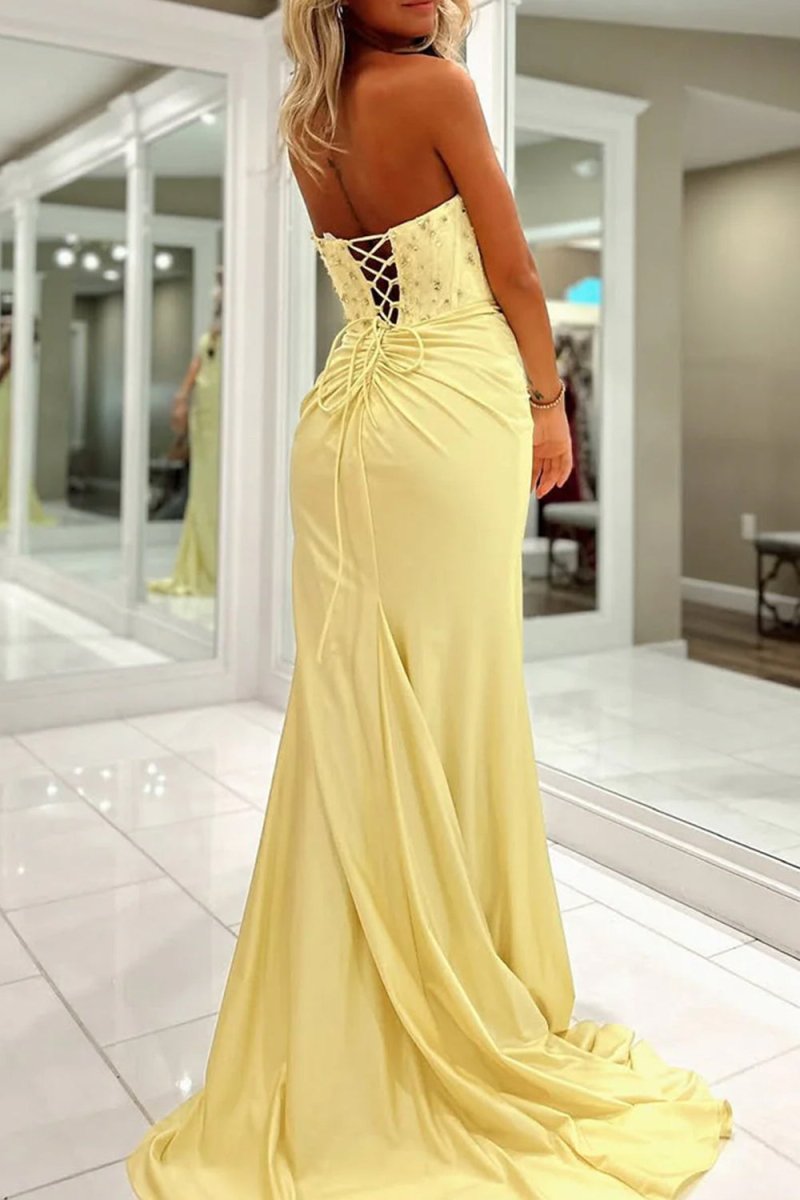 Oberon | Mermaid Strapless Sweetheart Keyhole Beading Long Prom Dresses with Slit - KissProm